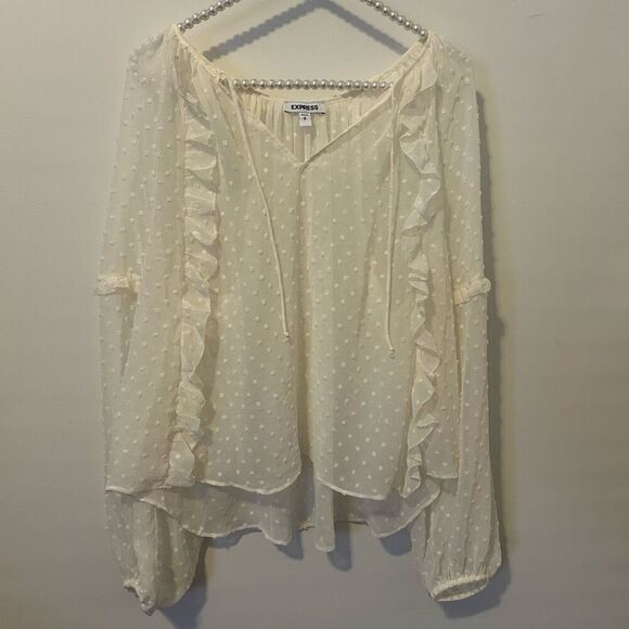 Express women’s sheer ruffle lacy fairy top size small embroidered feminine crea - Picture 3 of 11